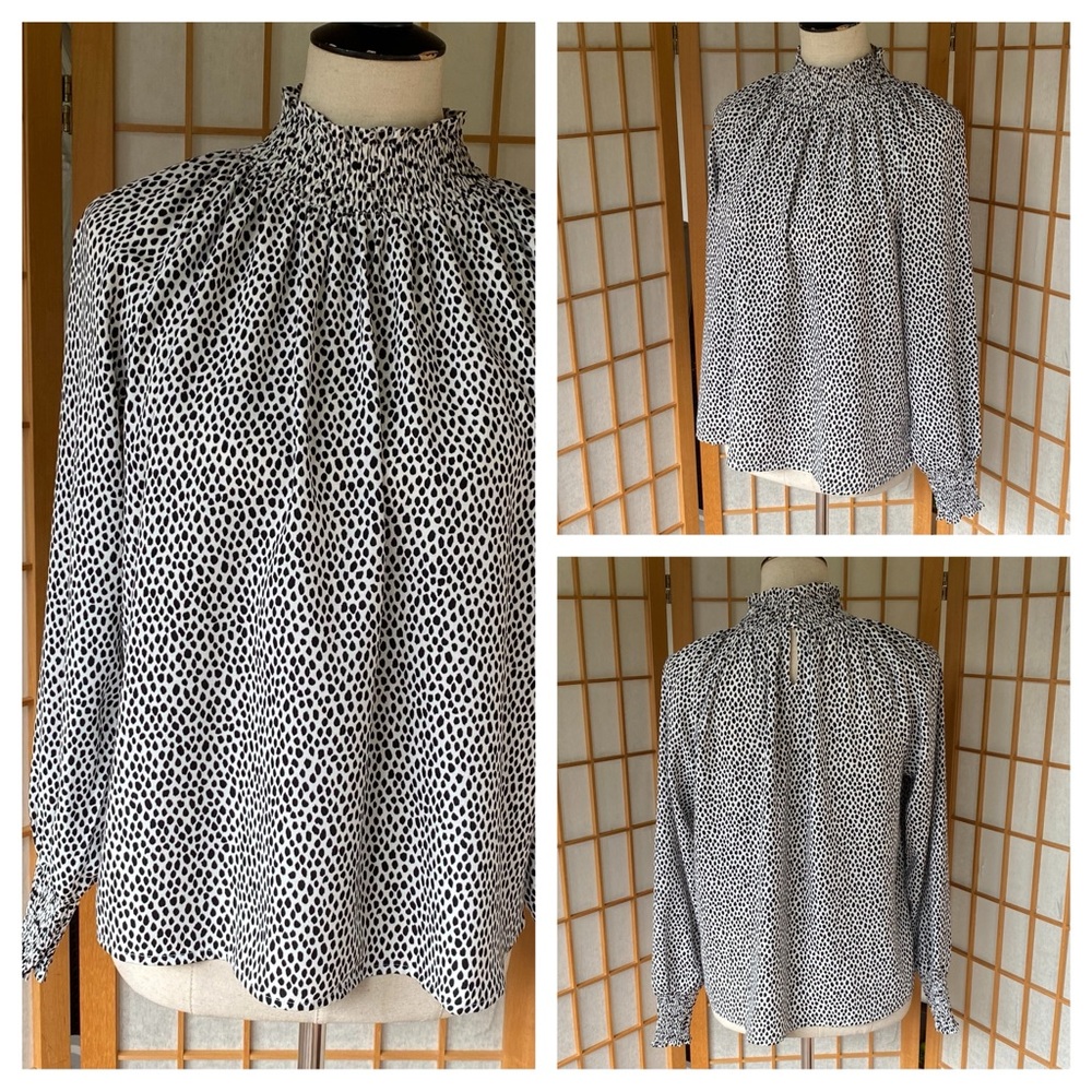 Nine West Black & White Dot Smocked Blouse SZ M Business Casual